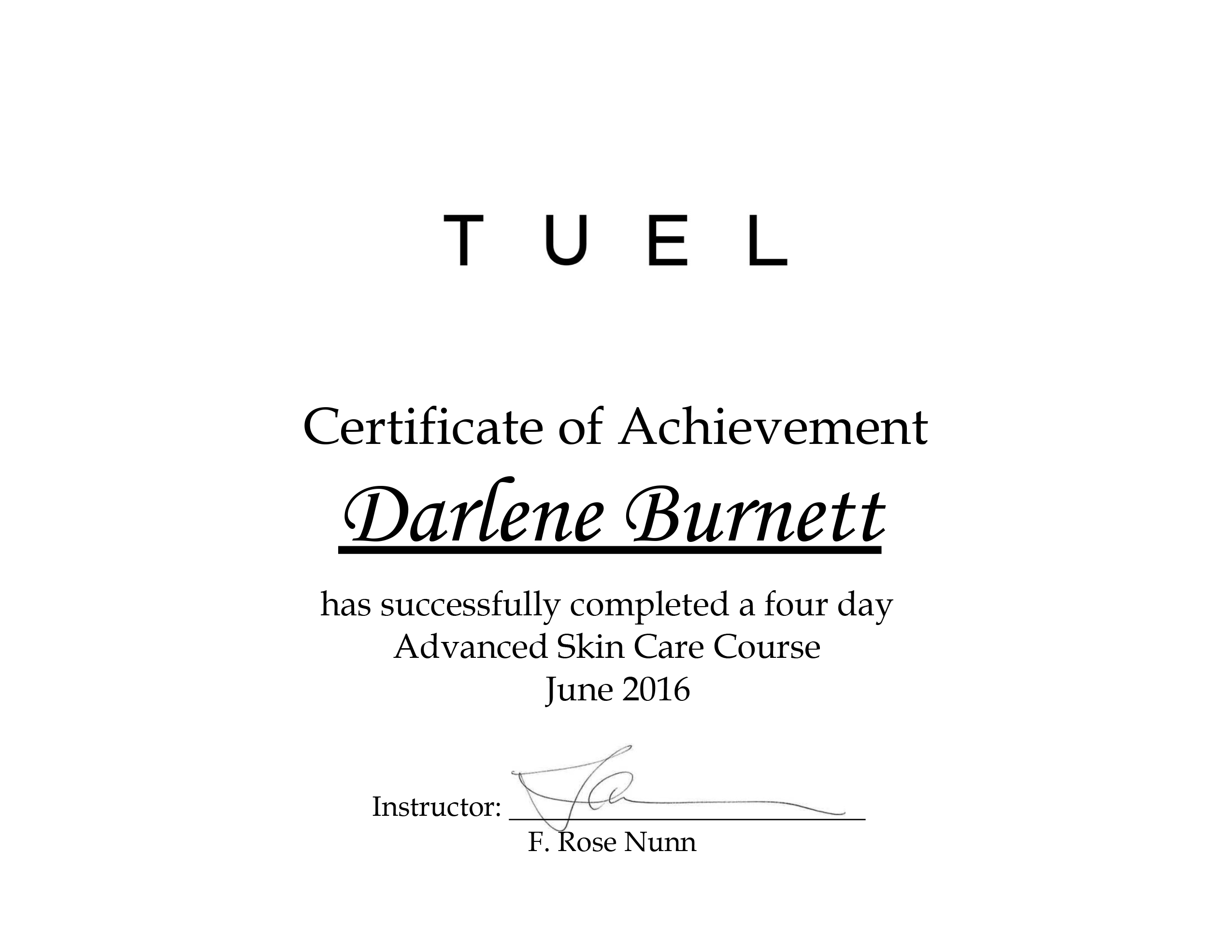 Tuel Skin Care Certificate